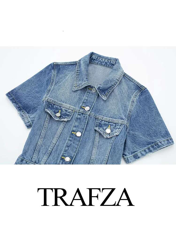TRAFZA Summer Woman 2023 Blue Turn-Down Collar Multi-Pocket Short Sleeve Single Breasted Female Chic Denim Dresses