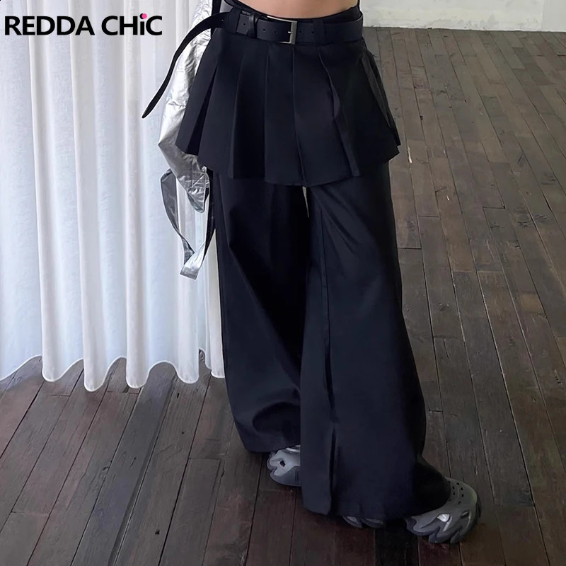 REDDACHiC Womens Pleated Skirt Overlay Suit Pants Work Casual Loose Cleanfit Black Plain Wide Leg Long Trousers Formal Clothes 250225