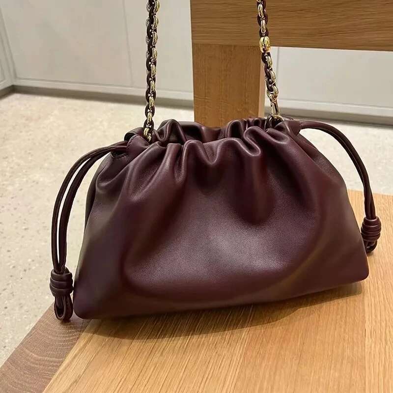 New Women's Cloud Drawstring Hobos Crossbody Real Leather One Shoulder Casual Bucket Bag