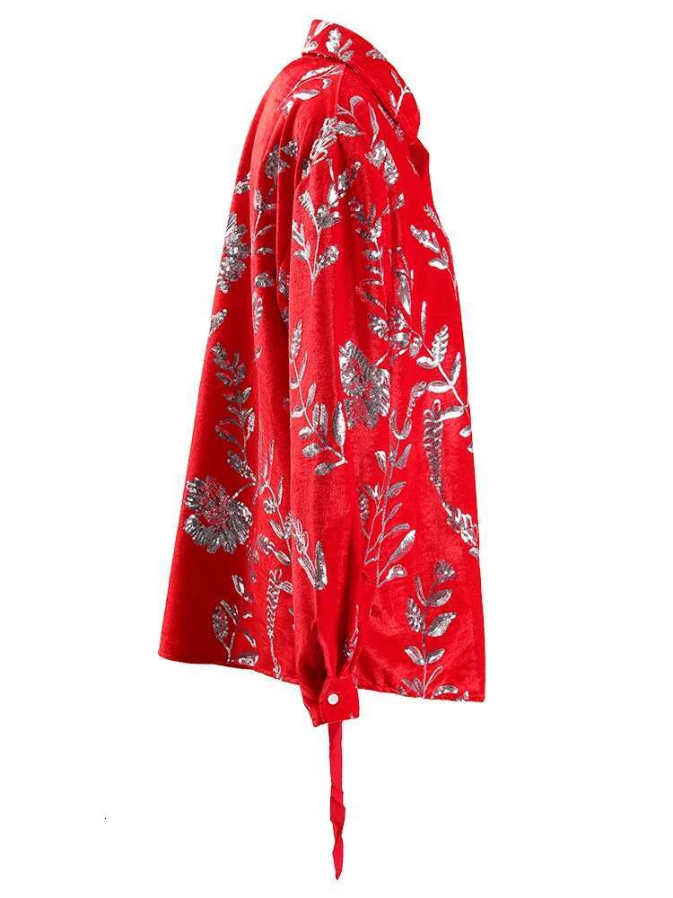 EAM Red Irregular Sequins Ribbon Big Size Blouse Women New Lapel Long Sleeve Shirt Fashion Tide Spring Autumn 2025 Cpg1245