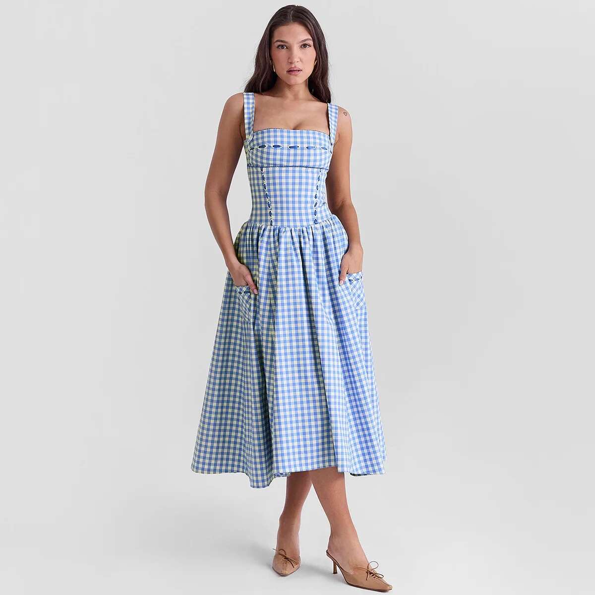 Summer Elegant Beautiful Women Dresses Midi Blue And White Plaid With Pocket Female Vacation Dress