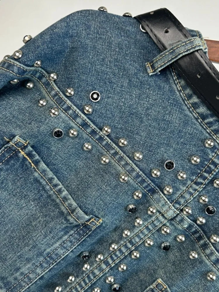 Rivet n womens denim jacket long sleeved single button Vneck high waisted short personalized street wear clothing 250228