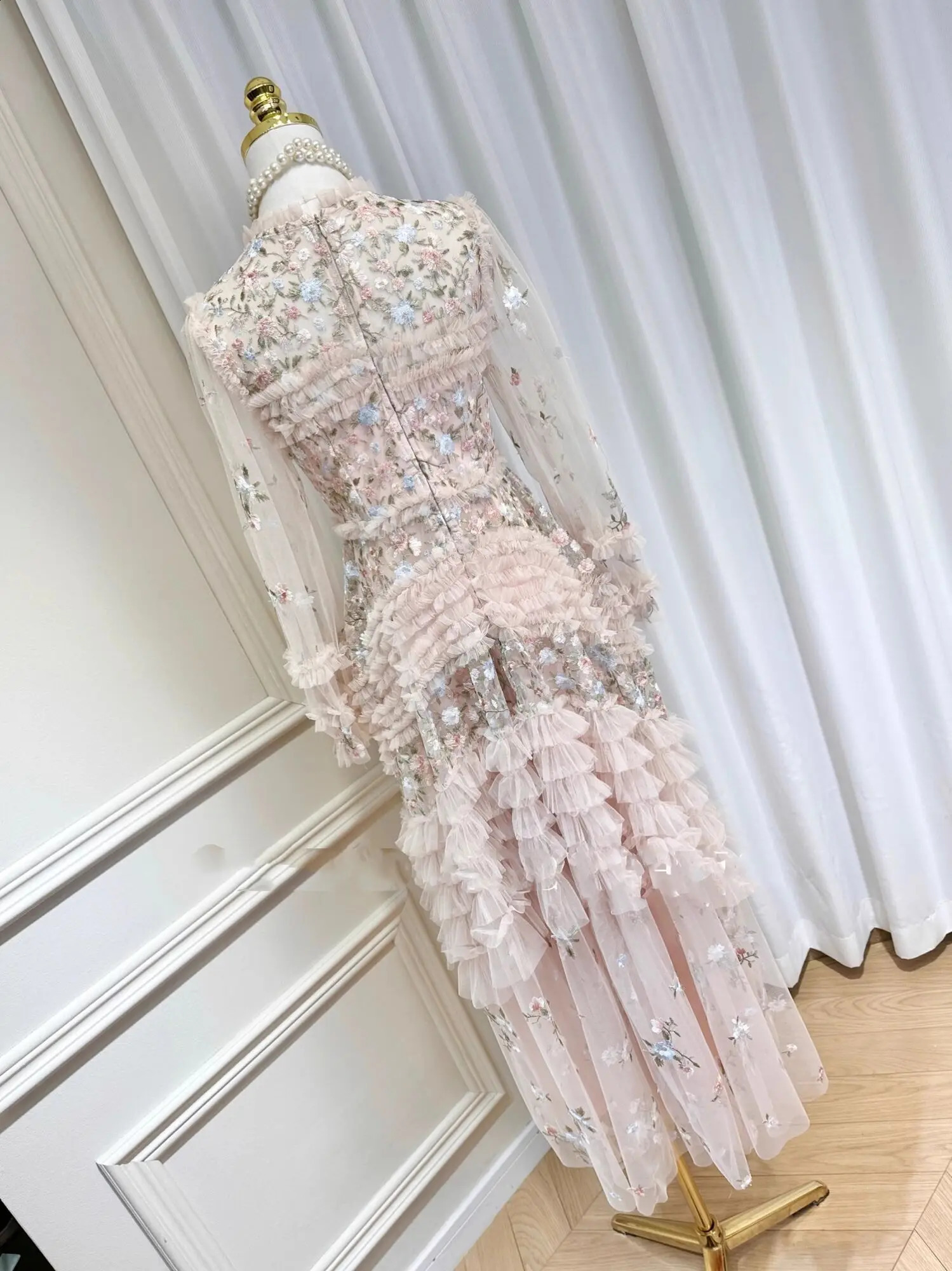 Summer Autumn Fashion Flower Embroidery Lace Prom Evening Dres Long Sleeve Layers Wooden Ear Edge Midi Cake Dresses Party 250303 - view 6