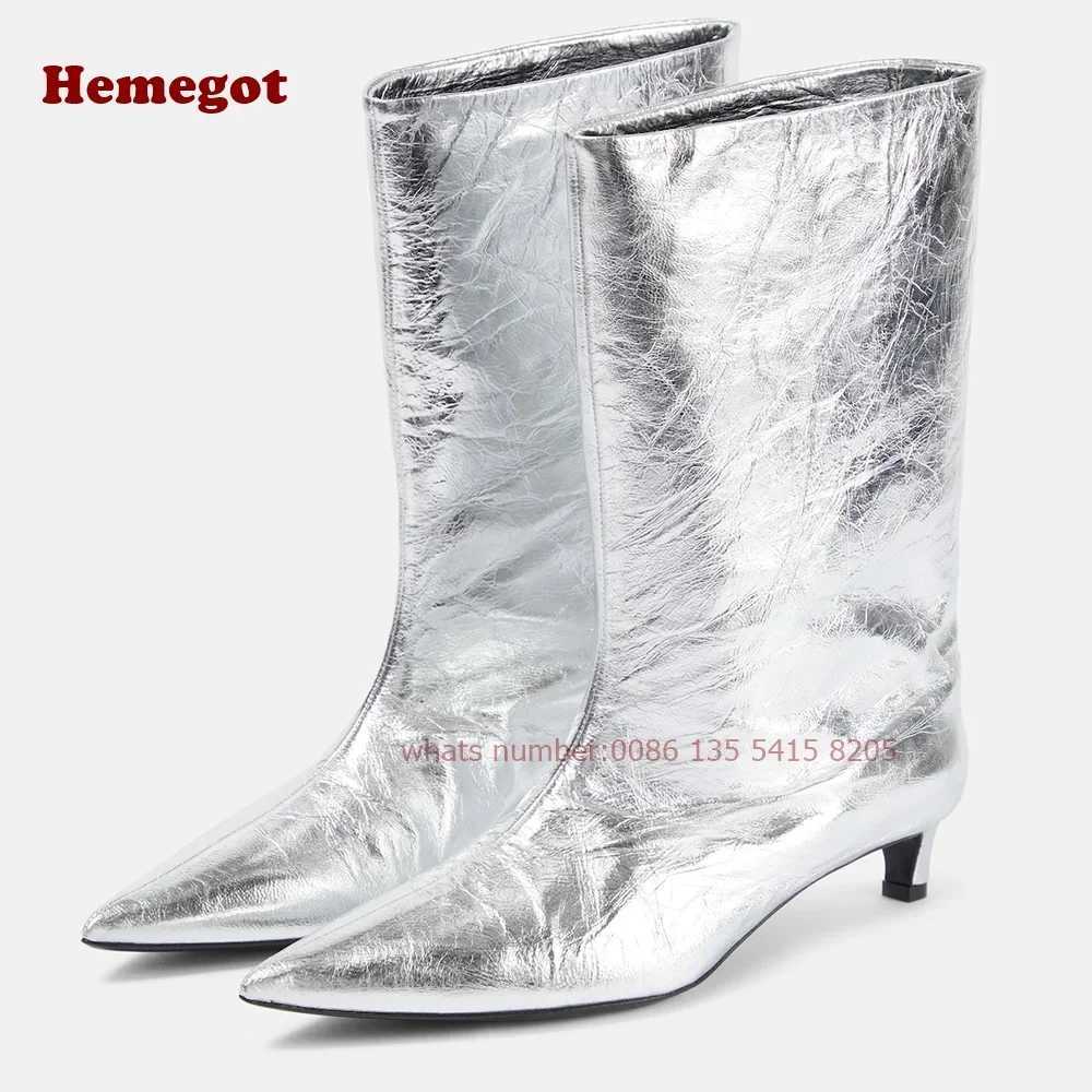 Pointed Toe Slip On Womens Boots Silver Metallic Kitten Heels Mid-Calf Boots Winter Newest Brand Luxury Runway Shoes Solid 43 Z250303