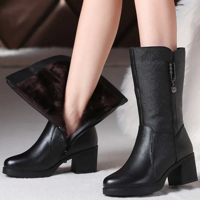 WOIZGIC women genuine leather mid calf boots female mather ladies winter fur plush warm Z250303