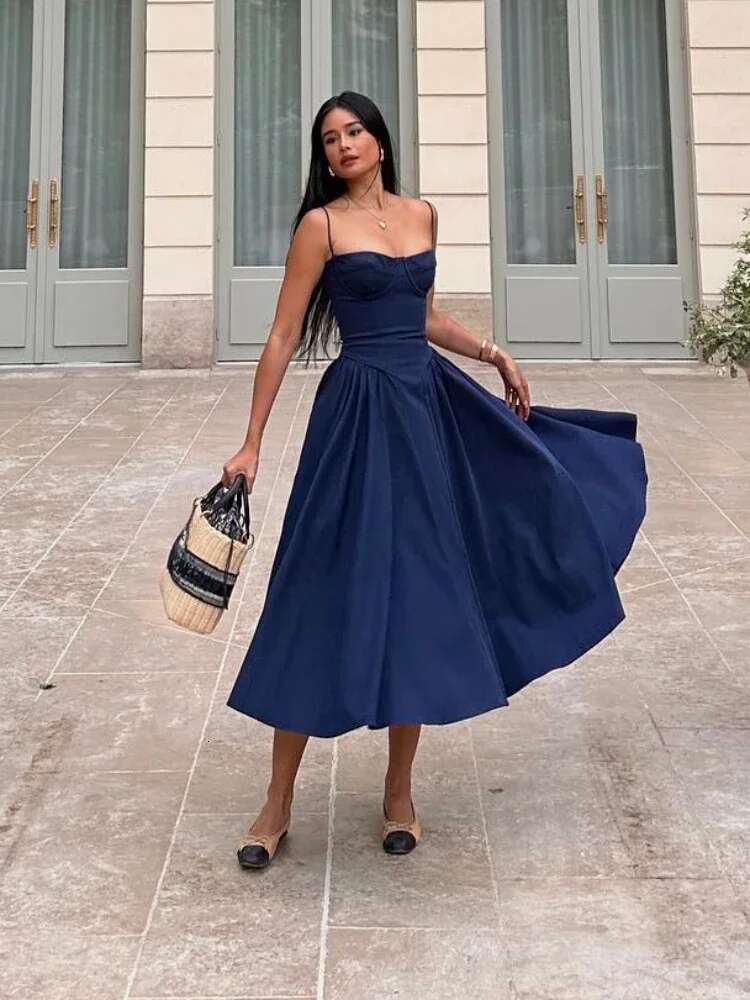Suninheart Elegant Spaghetti Strap Midi Slim A E Party Dresses Navy Blue Casual Birthday Holiday Dress Women's Clothing