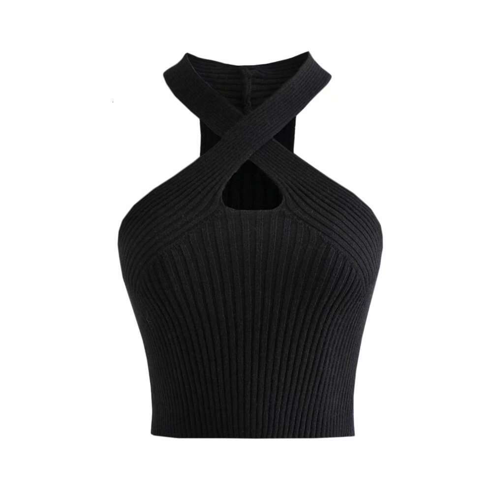 Fashion Summer Criss Cross Ribbed Knit Halter Crossfit Y2K Crop Top Clothes Femme Sexy Casual Backless Cropped Tank