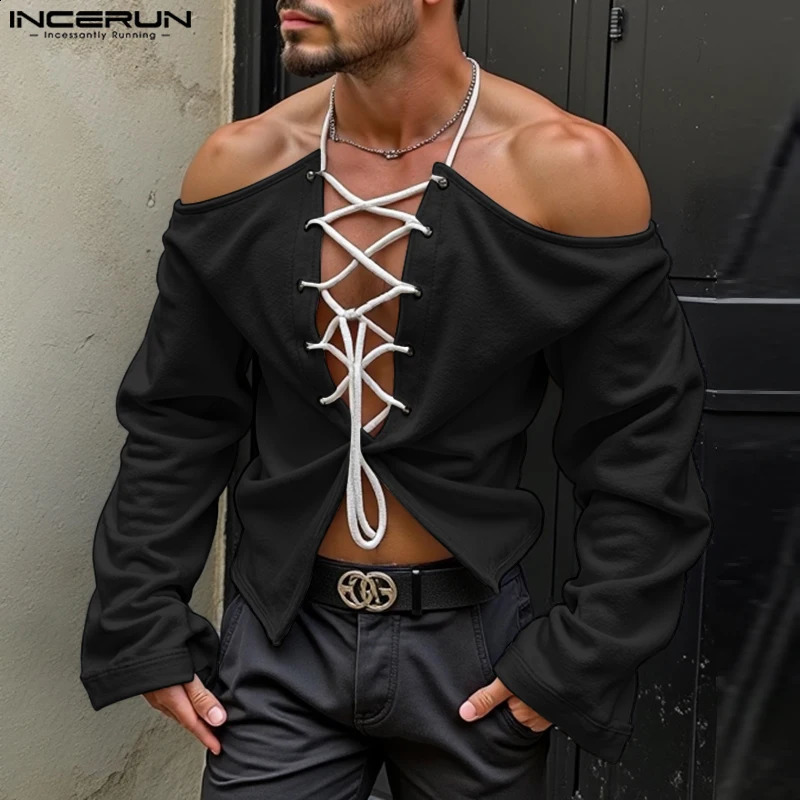 Fashion Casual Style Tops INCERUN Men Double-sided Strap Hanging Neck T-shirt Sexy Male Shoulder Long Sleeved Camiseta S-5XL 250226