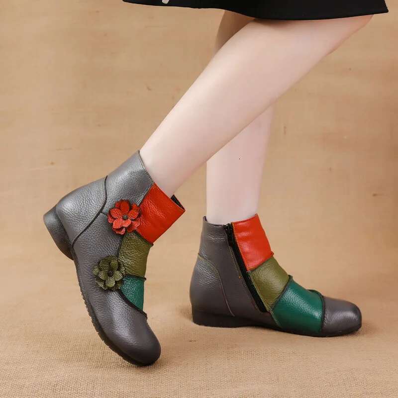 Low Xiuteng Winter New Heel Cow Muscle Sole Short Ankle Boots Ethnic Style wer Colored Genuine Leather Women's Boo