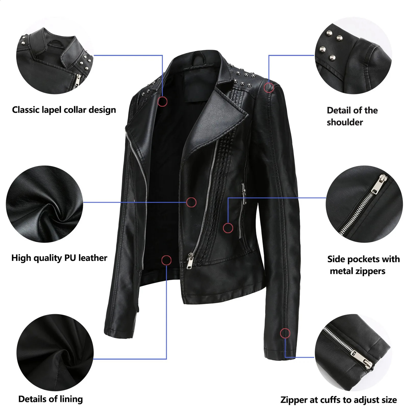 Faux Leather Jacket For Women Autumn Womens Moto Biker Zipper Red Black Rivet Punk Slim Coat Outerwear Casaco 250228