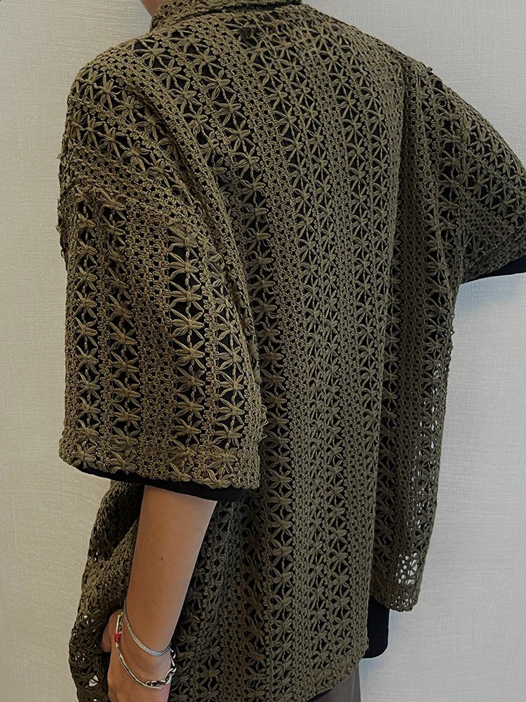 Hollow Shirt Mens Summer Retro Full Match Breathable Short Sleeve Japanese Style Harajuku Vocal Knitted Handsome and Simple 250224