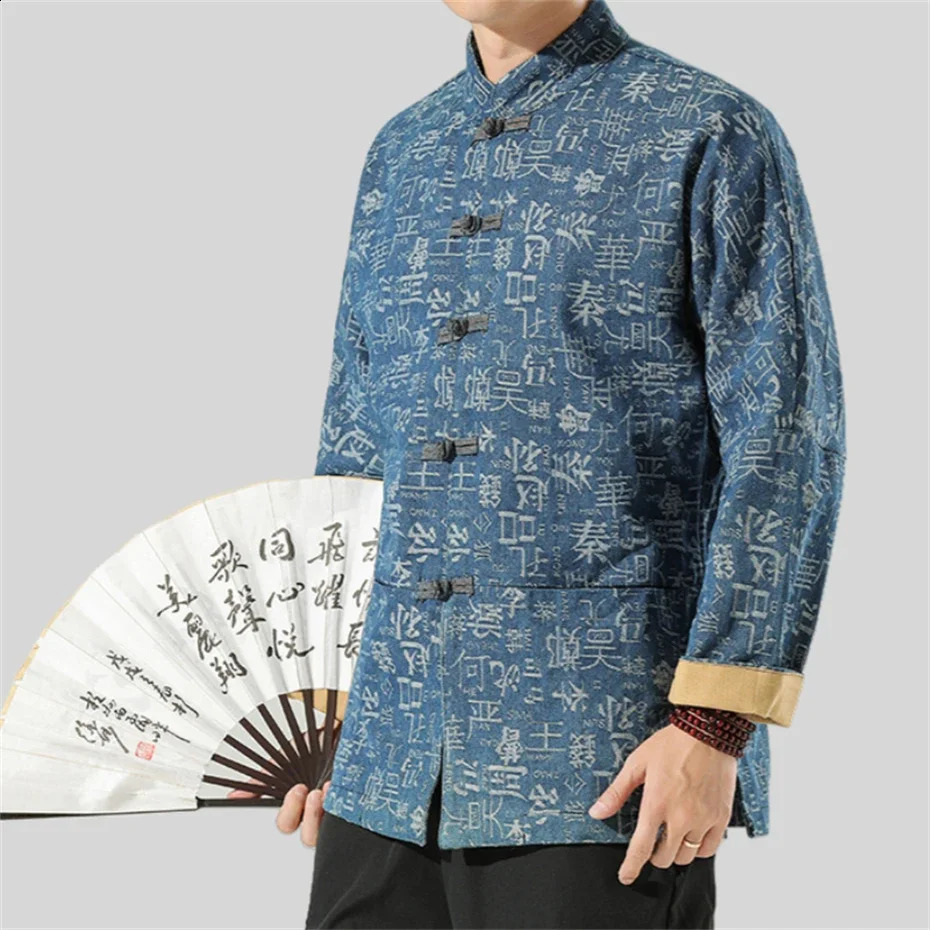 Print Denim Jackets Men Hundred Family Clan Disc Buckle Coat Hanfu Tang Suit Jacket Harajuku Retro Stand Jackets Male Autumn 5XL 250228