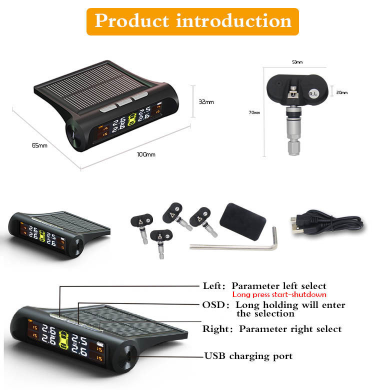 T1 TPMS Tire Pressure Monitoring System (TPMS 0-87 PSI) with solar charger, RV TPMS with 4 sensors and 5 alarm modes, LCD display, automatic sleep mod