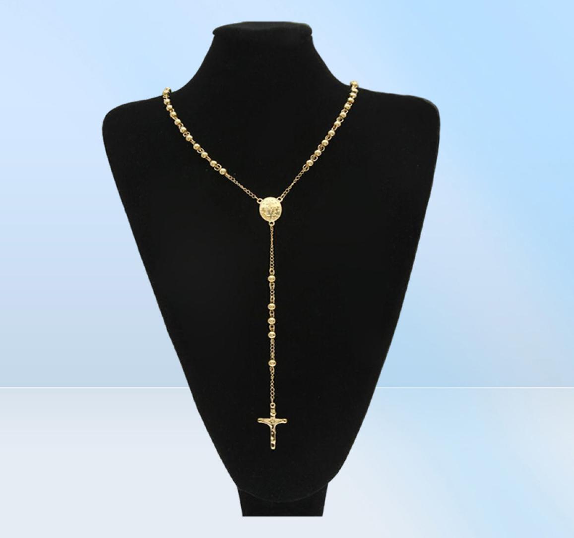 Gold Stainless Steel Bead Chain Jesus Christ Pendant Rosary Long Necklace Mens Womens Hip hop Jewelry5497363