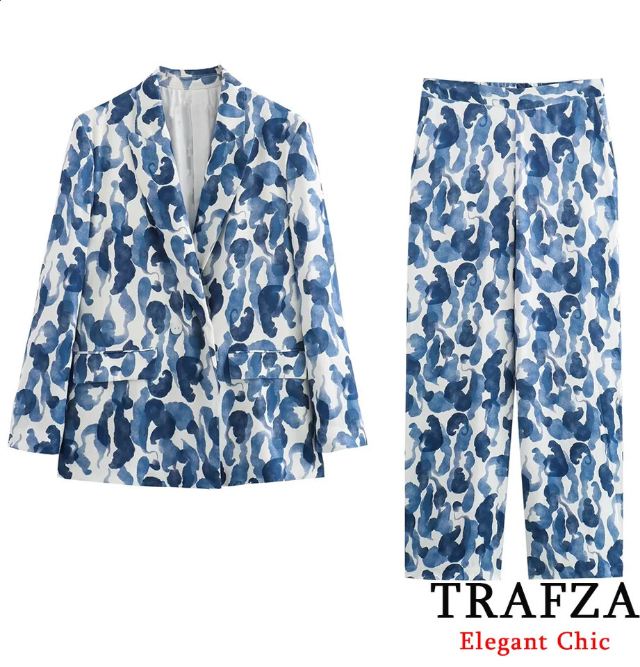TRAFZA Casual Printed Blazer Suit Womens Lapel Pocket Button with Pant 2025 Spring Autumn Dinner Date 250225