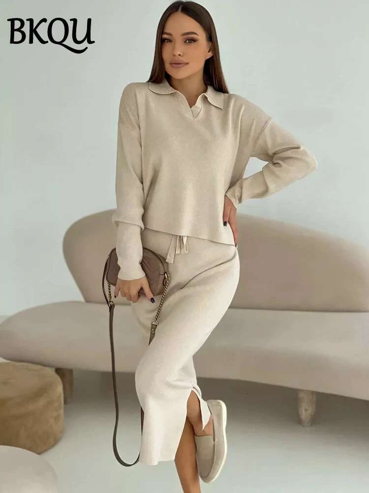 Lace-Up Knitted Two Piece Sets Women Elegant Long Sleeve Lapel Sweater+Split Midi Skirt Winter Lady Chic Warm Outfits