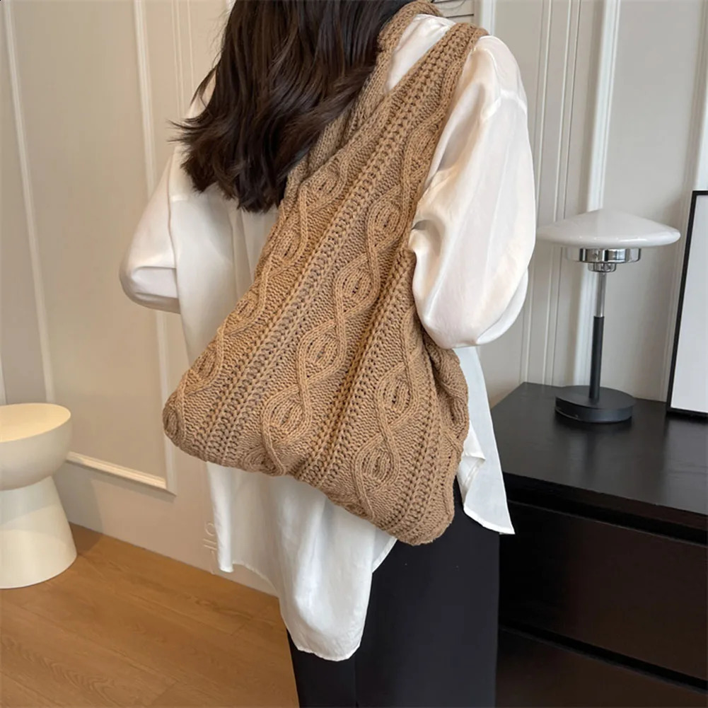 Ship from US Wool Knitted Shoulder Bag Womens Retro Cotton Handbag Shopping 250303FBB