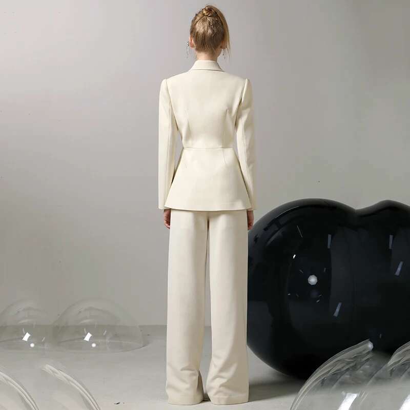 DEAT Fashion 2 Piece Set Women's Cross Deconstruction Ral Blazer High Waist Straight Full Length Pant Suit New