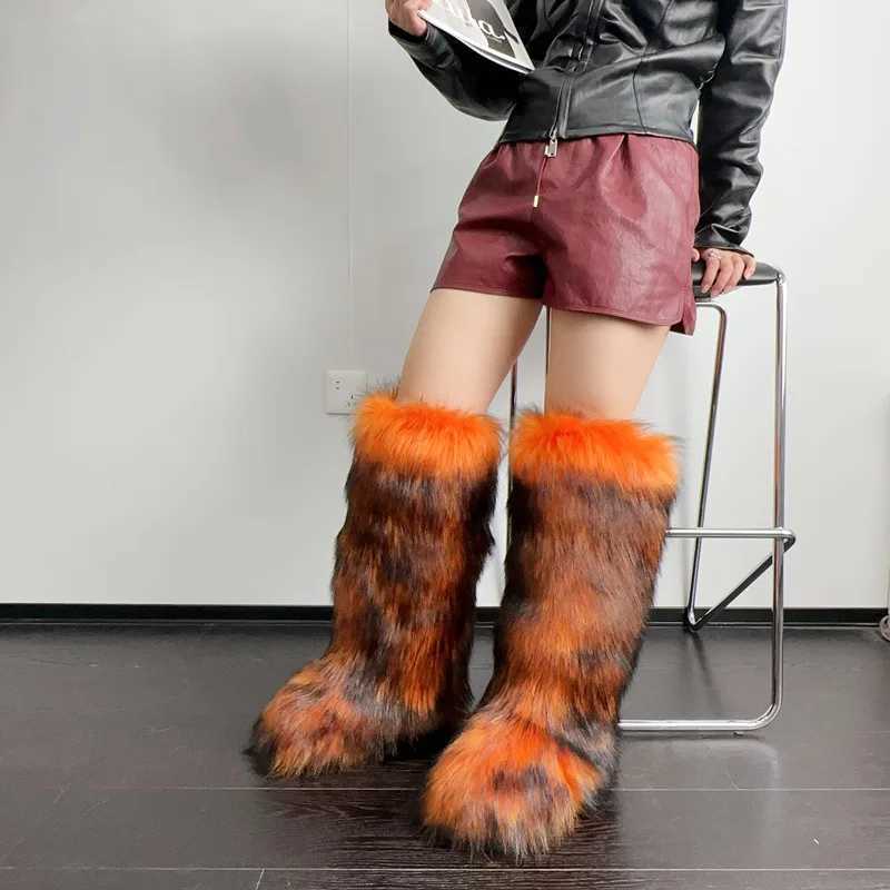 Luxury Y2K fur snow boots for women in winter 2024 50cm thick and high fluffy synthetic fur boots on the knee womens plush warm platform shoes Z250303