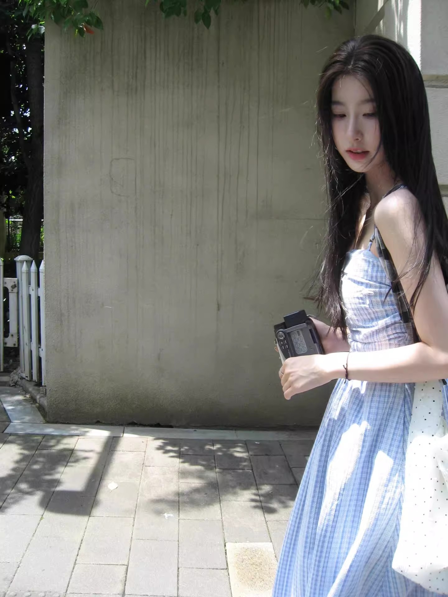 G233 Blue plaid tube top suspender dress female summer French high-end waist niche slim long skirt