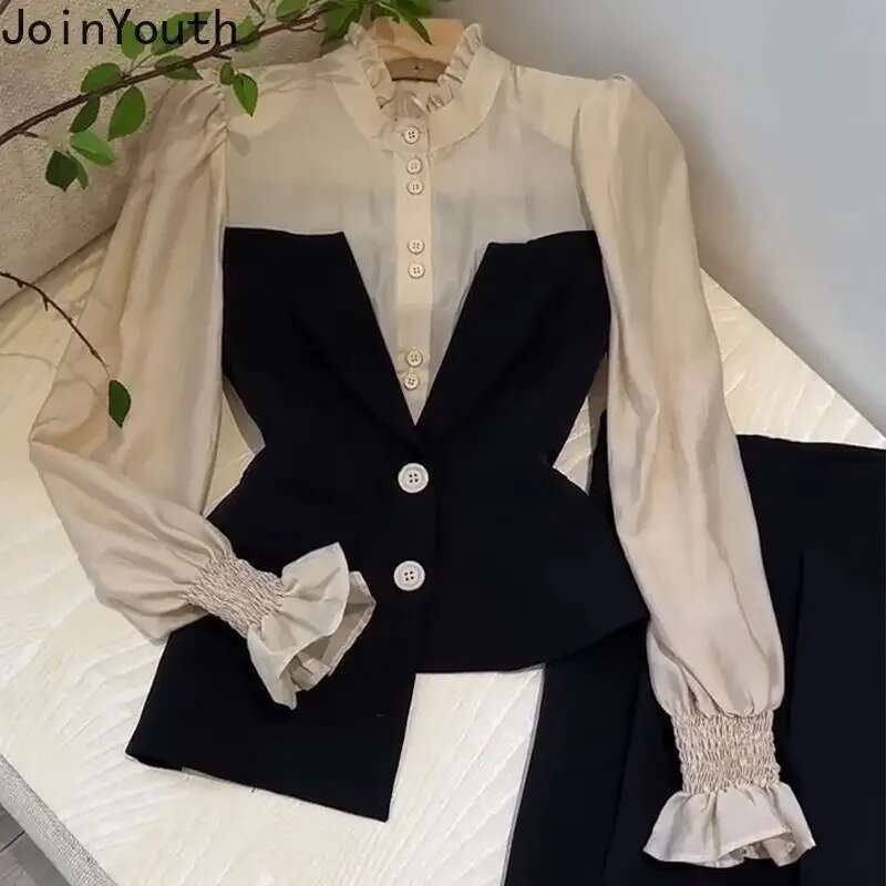 Temperament Outfits Korean 2 Piece Sets For Women Irregular Fake Two Shirt Tunic Pants Suit Roupas Femme Chic Vintage Set