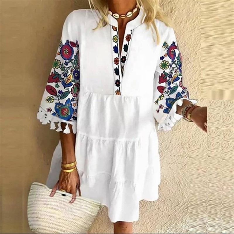 Floral Print Boho Dress Women Tassle Sleeved White Mini A-line Dress Spring Sweet Bohemian Loose Dresses 250213