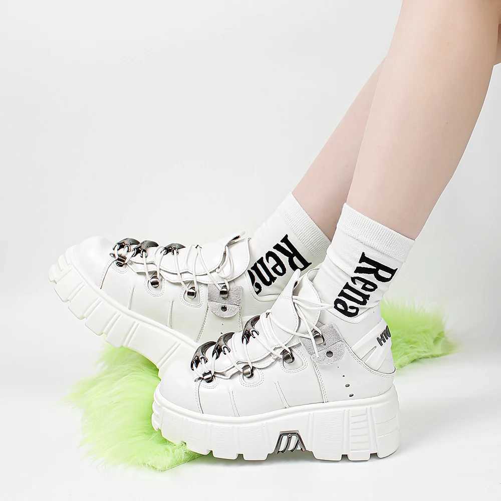 New 2024 Brand Punk Style Women Shoes Lace-up heel height 6CM Platform Shoes Woman Rock Boots Metal Decor Woman Sneakers Z250303