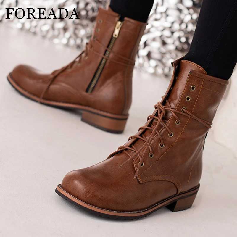 FOREADA Womens Short Ankle Boots Round Toes Flat Lace Zipper Combat Boots Womens Fashion Shoes Winter Black Beige Brown 46 Z250303