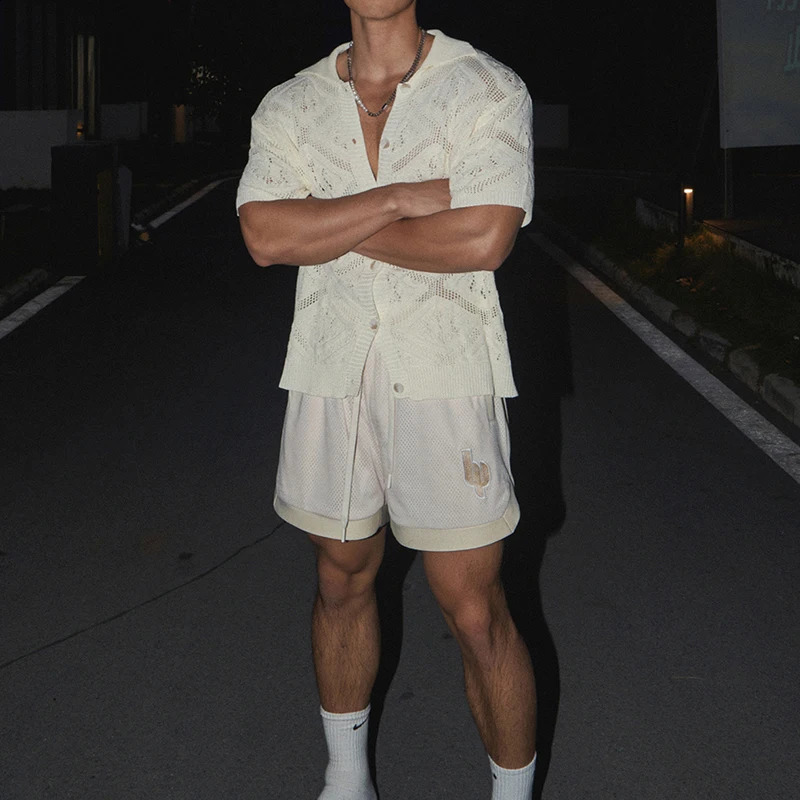 Sexy mens hollow knitted shirt retro See Through breathable knitted shirt mens summer fashion solid color short sleeved top 250224