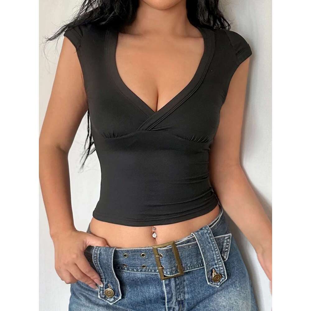 Women's Wear Sweetown White Solid Basic Slim Low Bust V Neck Crop Tees Women Black Simple Fashion Short Sleeve Summer T Shirt