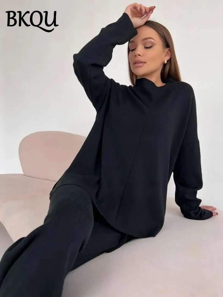 Fashion 2 Pieces Sets Women Half Turtleneck Split Sweater Wide Leg Pants Autumn Winter Loose Warm Knitted Outfits