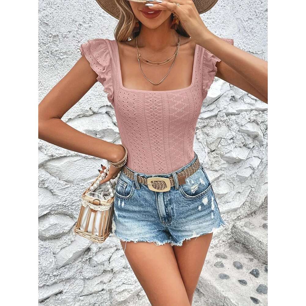 Eyelet Women's Clothing Tiered Flutter Tank Elegant Slim Top Butterfly Sleeve Square Neck Tee Fo