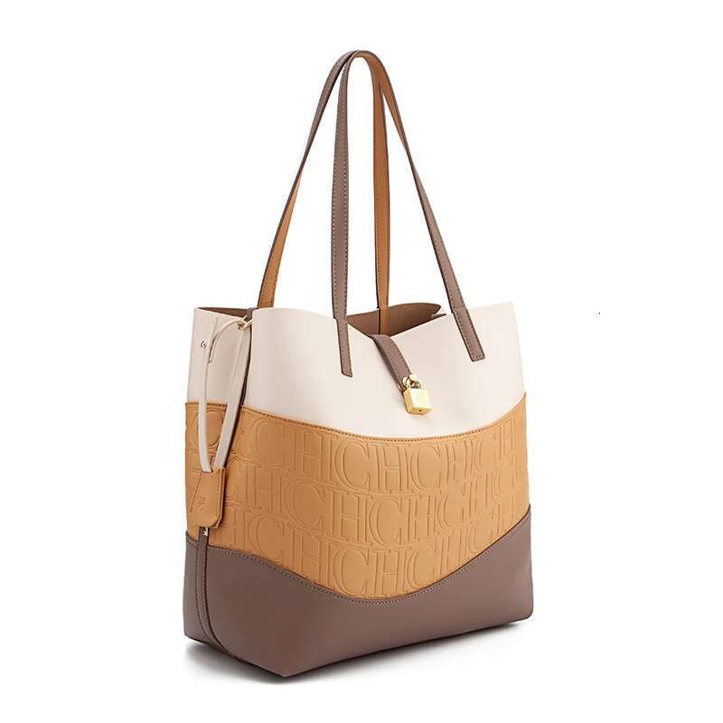 CH Versatile Trend Tote Leather Solid Color Splicing Large Capacity Crossbody Simple Fresh Style Commuting Shoulder Bag