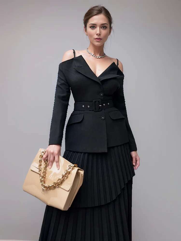 DEAT Fashion Women's 2 Pcs Set Shoulder Straps Sashes Blazer High Waist Pleated Irregular Skirt Suit Summer 2024 New 13Db3648