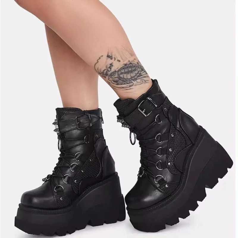 Womens Boots 2022 Autumn Women Ankle Boots Platform Wedges High Heels Short Boots New Fashion Design Zip Cosplay Shoes of Women Z250303