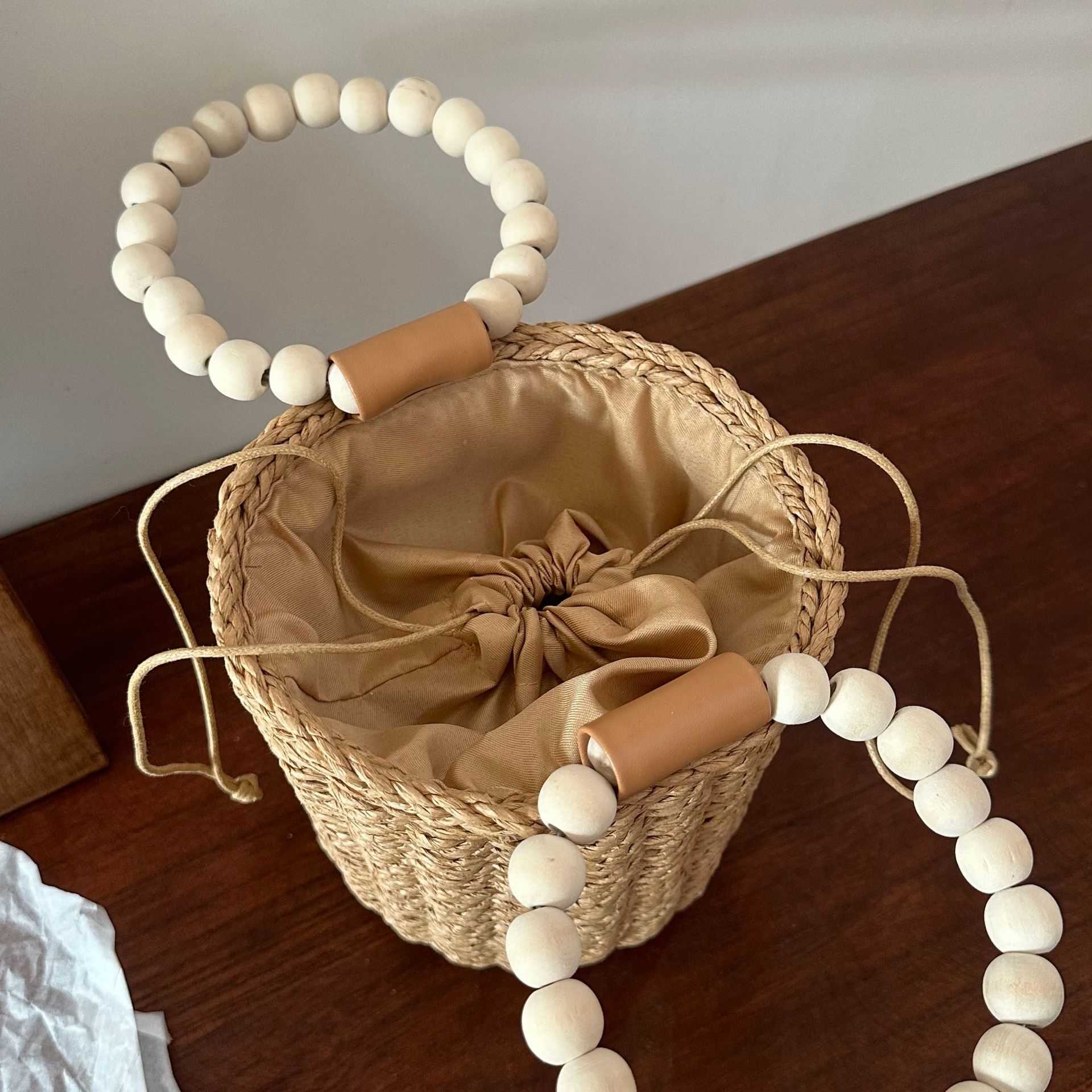 Fashionable small fresh cylindrical bag, paper rope woven bag, forest series hand-held bucket bag, casual drawstring beach bag, women's bag