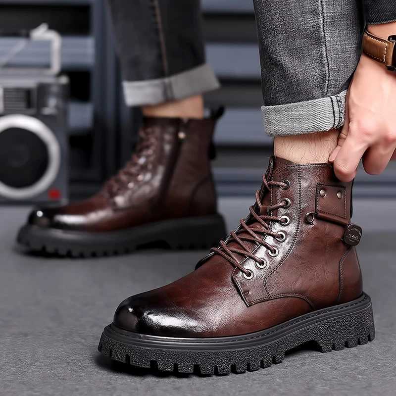 Mens leather boots spring and autumn leisure cotton boots soft bottom comfortable outdoor tooling boots British fashion boots Z250303