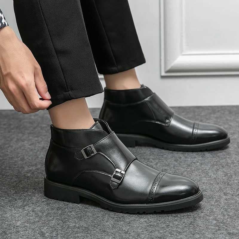 Luxury Leather Men Boots Double Buckle Slip on Pointed Toes Casual Leather Boots Men Comfortable High Top Boots Party Me Shoes Z250303