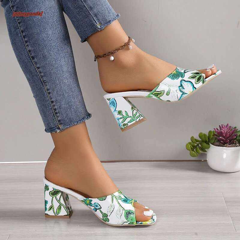 Womens Sandals Printed Summer 2024 New Thick-heeled Popular High-heeled Sexy All-match Half-slippers Open Toe Casual Basic Shoes #ddmypanda