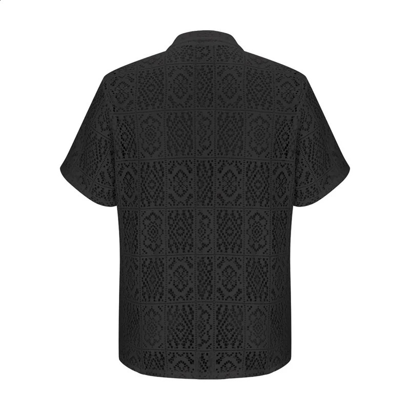 Mens Casual Short Sleeve Button Down Lace Shirts with Lapel Collar Hollow Out Solid Color Loose Fit Tops 250224