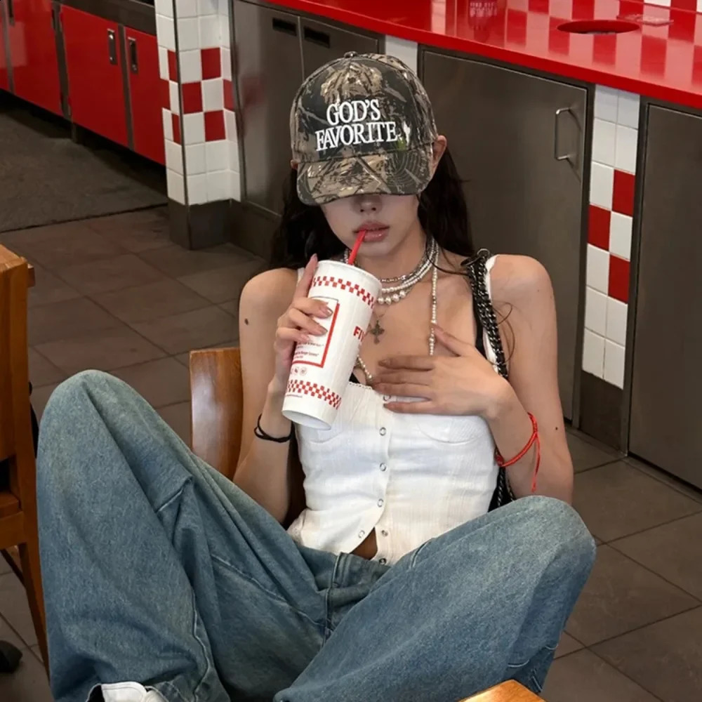 Ins Retro Camouflage Baseball Cap 3D Embroidery Letter Womens Street Fashion Bend Edge Shows Small Face Baseball Cap 250228