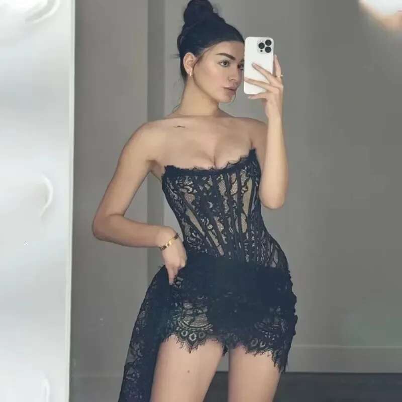 Talenza Women's Sexy Solid Color Sheer Patchwork High Waist Lace Elegant Printed Strapless Slim Evening Dress