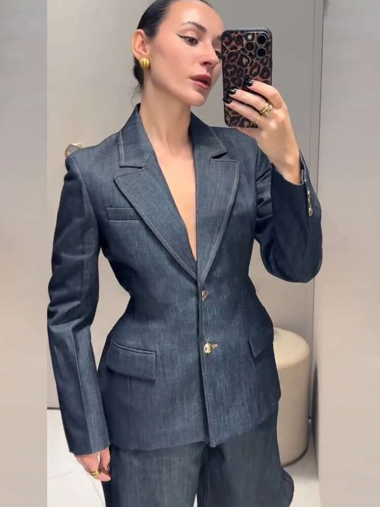 New Spring Denim Suit Long Pants Sets For Women Lapel Blazer Jacket Cropped V-Neck Vest Wide Leg Pant Lady Street 3 Pieces Suits