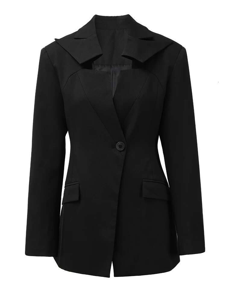 DEAT Fashion Women's Blazer Cut Out Deconstruction Notched Collar Single Button Long Sleeve Suit Jackets Summer 2024 New Cpdb138
