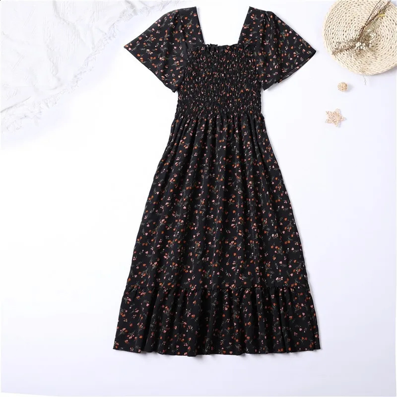 Spring Summer Chiffon Dres Midi DressesFemale Short Sleeve Elastic Waist Printed Floral Pleated Backless Casual Dress 250227Z