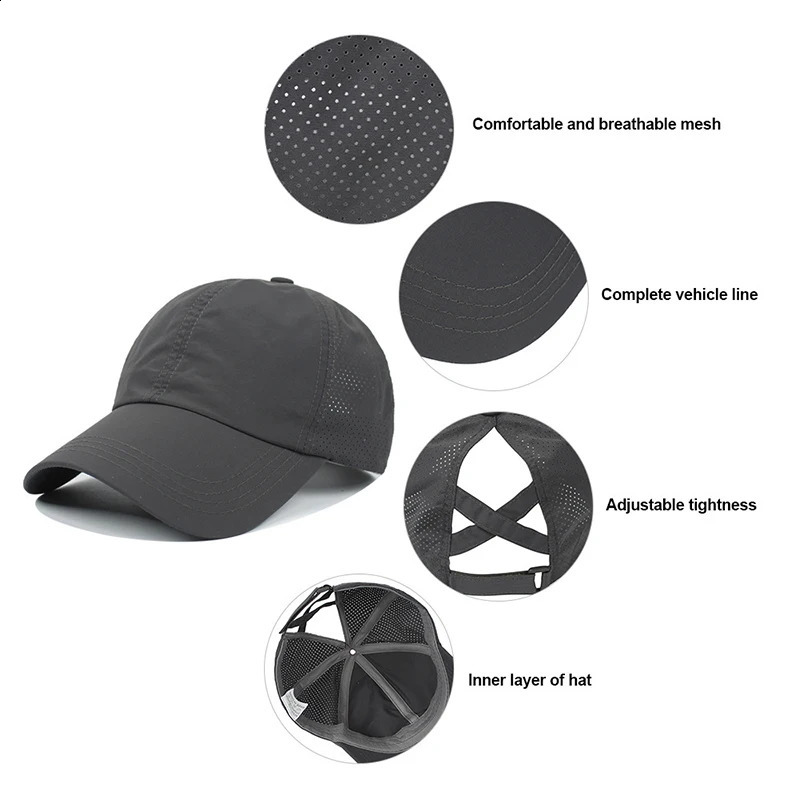 Summer Solid Color Baseball Caps Golf Wear Women Sport Leisure Cross tail Hat Mesh QuickDrying HalfHollow Mens ed Cap 250228