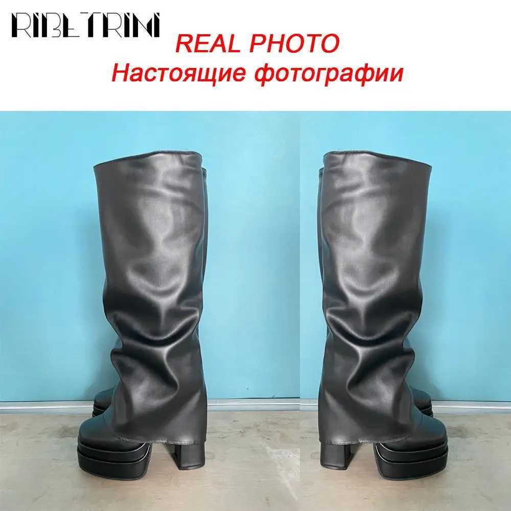 INS Brand Winter Women Fold Over Boots Chunky High Heeled Double Platform Shoe Knee High Luxury Punk Goth Sexy Street Boots Z250303