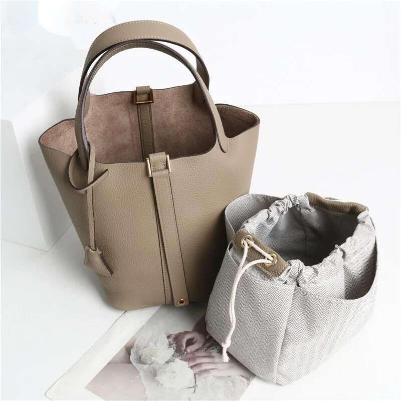 New Women's Basket Genuine Leather Underarm One-Shoulder Handbag Small Tote Inside Crossbody Bucket Bag