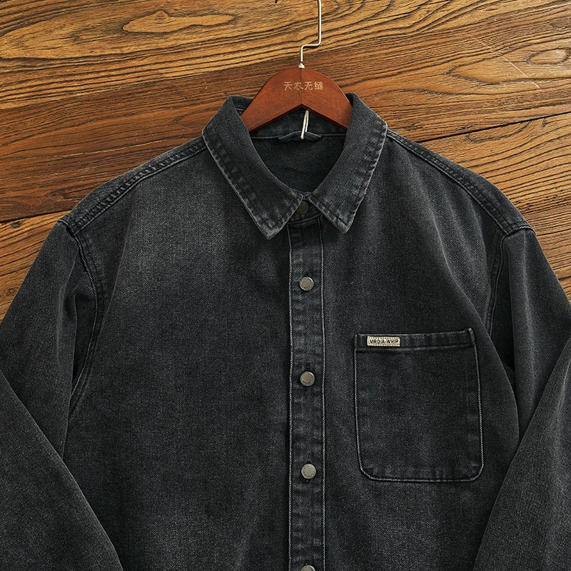 Loose sleeved fashion denim shirt jacket menswear top Heavy thick make old wash black gray 250226