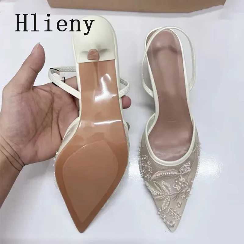 Hlieny Woman Designer Embroidery Flowers Mesh Pointed Toe White High Heels Mules Sandals Women Pumps Shoes Sexy Stilettos Woman Y250303